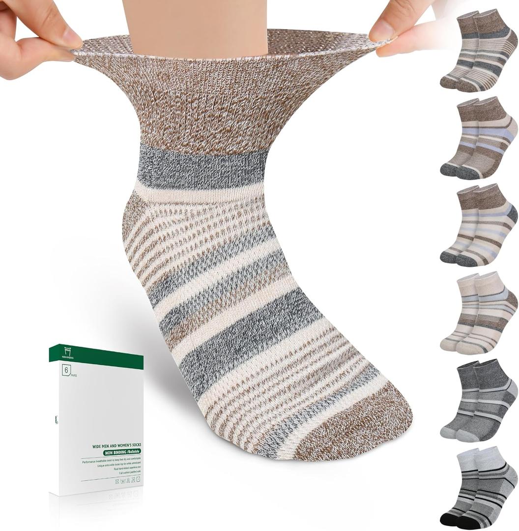 Bulinlulu Bamboo Viscose Diabetic Socks for Women Men,6 Pairs Non Binding Ankle Socks (X-Large, Grey Stripe a/Grey Stripe B/Dark Brown Stripe a/Dark Brown Stripe B/Brown Stripe a/Brown Stripe B)