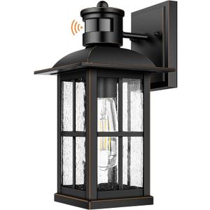 13in Motion Sensor Porch Light, Anti-Rust 100% Aluminum Dusk to Dawn Outdoor Light Fixtures, Exterior Wall Lantern Sconce Lighting Matte Black, Outside Lights for House Wall Mount for Entryway Garage (Black with Gold Trim)