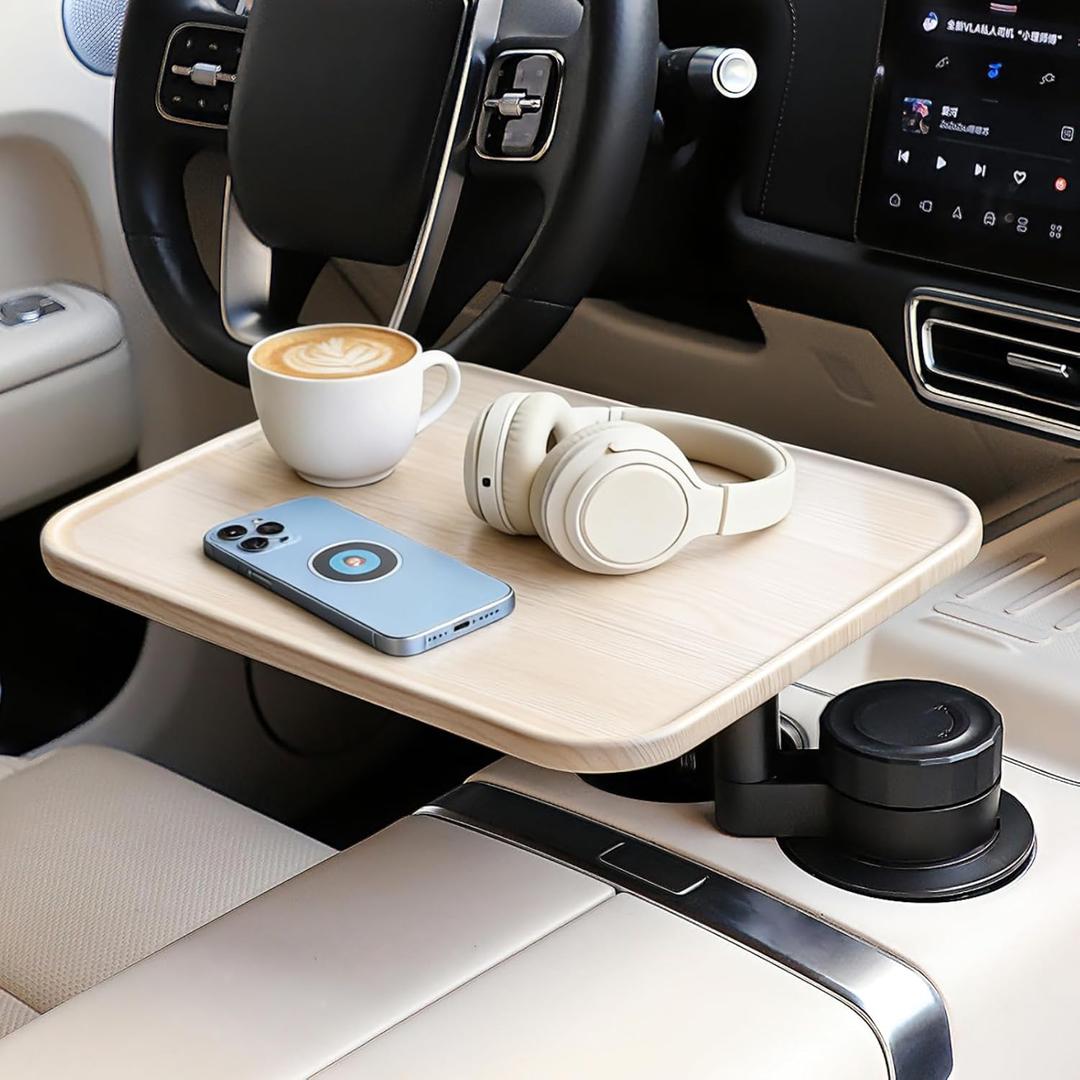 360 Rotating Wood Car Tray & Desk for Laptop - Steering Wheel Cup Holder Table, Car Accessories for Women & Men, Compatible with Tesla Model Y/3/S, Ford F150/Explorer/Maverick & Most Vehicles