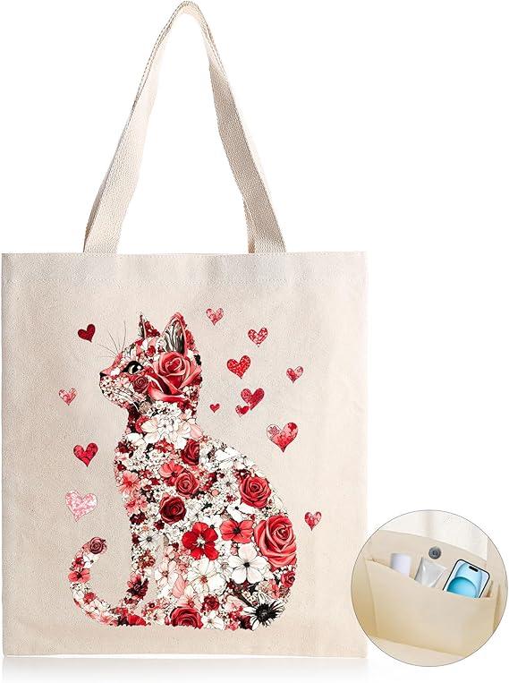 Joybloks Cute Cat Aesthetic Tote Bag Gifts for Women, Best Unique Cat Lovers Pet Owners School Library Book Canvas Bag for Girls w/ Magnetic Buckle & Interior Pocket
