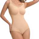 V Neck Shapewear for Women Tummy Control, Seamless Bodysuit with Lace, Comfort All Day Wear Under Dresses (Large, Nude)