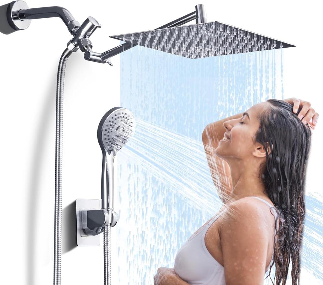 Premium Rainfall Shower Head High Pressure with Handheld Spray Combo, 10" Square Rain Shower System, Anti-Clog Nozzles, 304 Stainless Steel & Brass, Flexible Extension Arm, Showerhead for Bathroom
