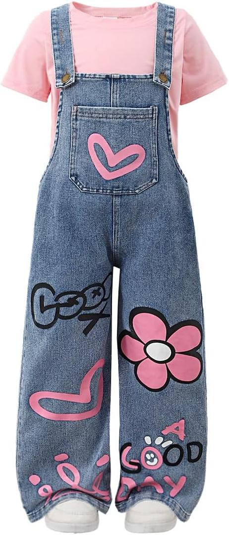 Toddler Girl Summer Clothes Short Sleeve Denim Overall Jumpsuit with Top Girls Spring Outfits Set (6-7 Years, Pink)