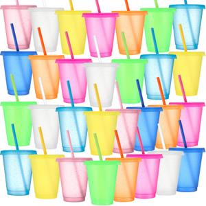 30 x Sieral 30 Pack Cups with Lids and Straws Kids Tumbler with Straw Reusable Water Bottle Iced Coffee Travel Mug Adults Plastic Cups for Parties 16 oz (Clear Multicolor)