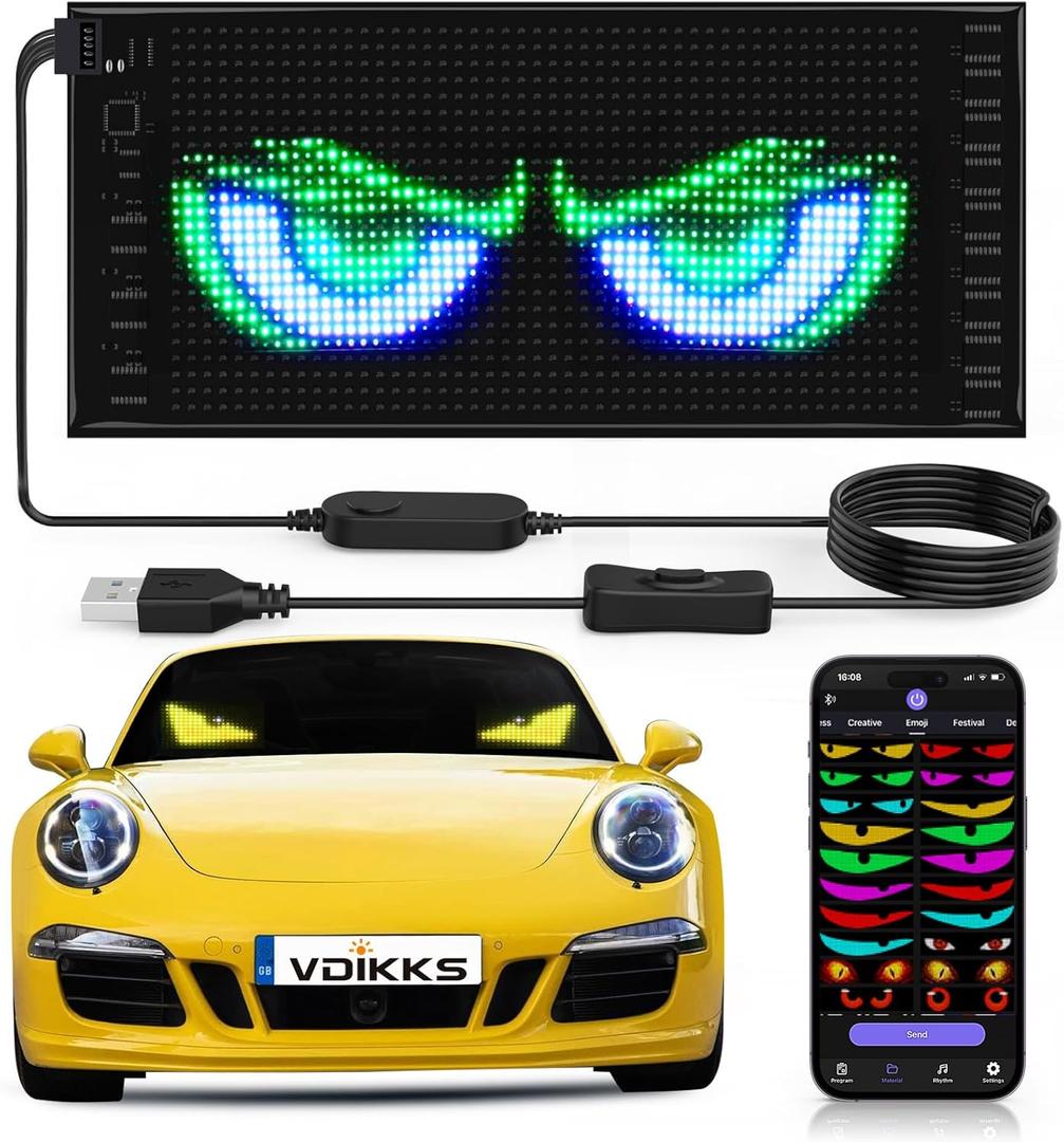 Devil Eyes Light for Cars, 10.6"4.7" Ultra Thin LED Soft Screen Bluetooth APP Control, Dynamic Double Row LED Display Panel, Custom Text Animation Eyes for Car Windshield