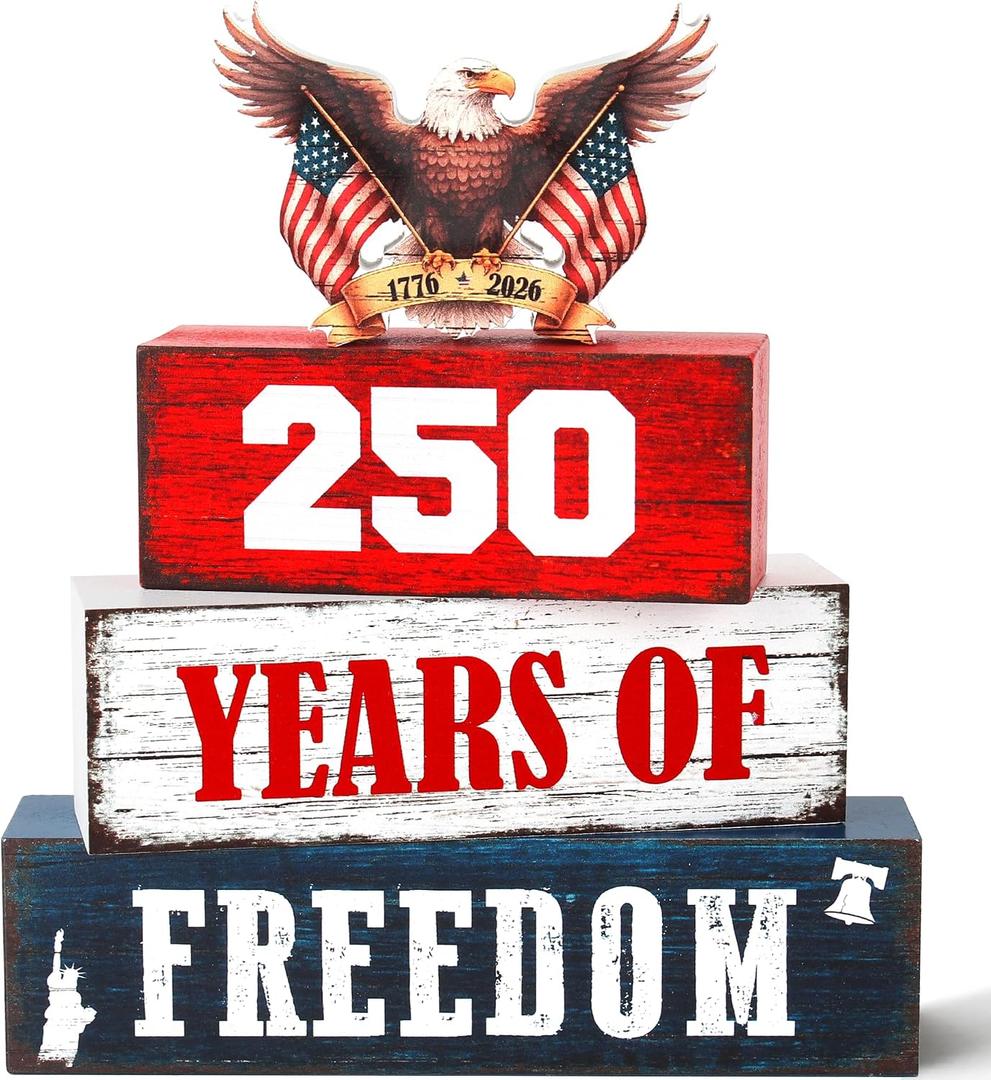 4 Pcs 250th Anniversary Patriotic 4th of July Wooden Tiered Tray Decor, Memorial Day Decorations Gifts for Home, Independence Day Red White Blue Table Centerpiece for Office Party Shelf Kitchen