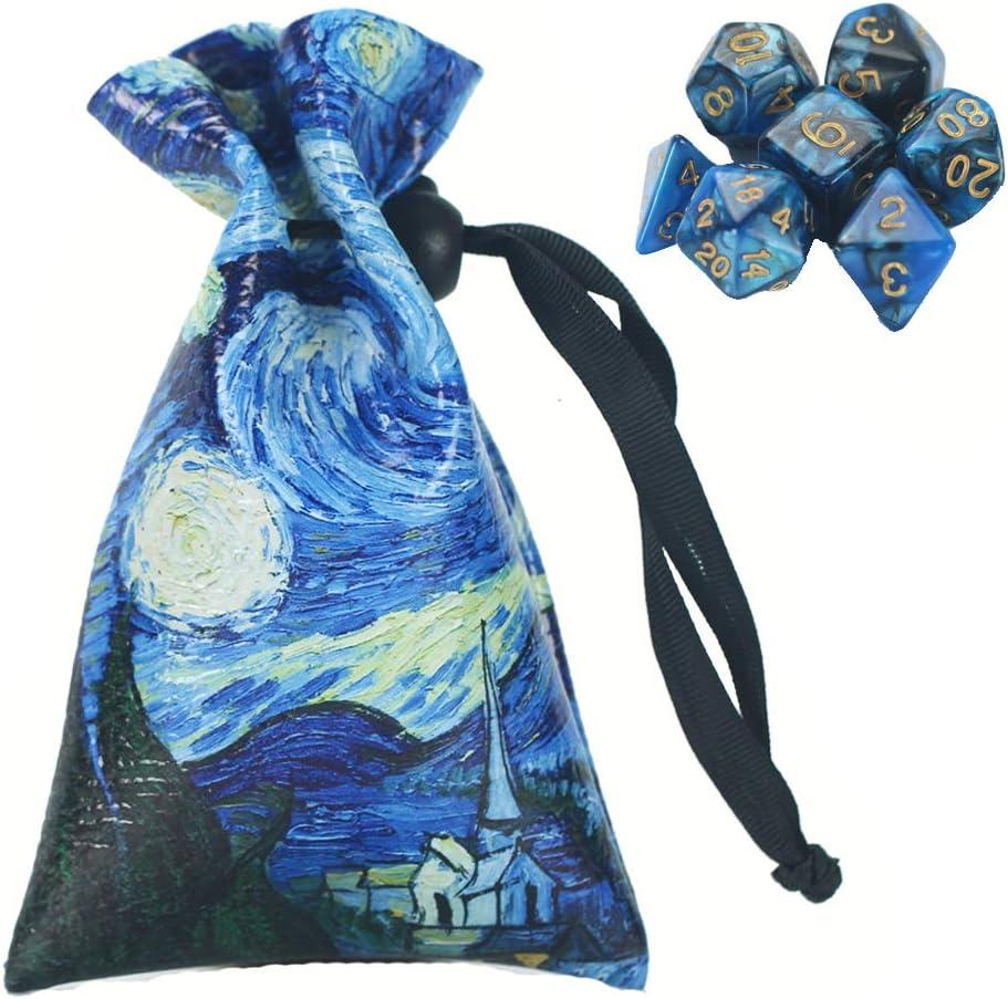 QIELIZI DND Dice Bag Pouch, PU Leather Dragon Dice Pouch Wih 7 Die Set Perfect for Dungeons and Dragons RPG D&D Dices, Coins and Accessories(Starry Sky)