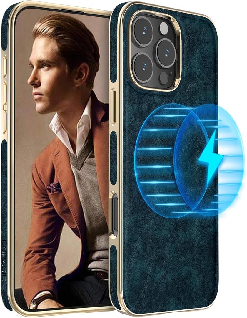 LOHASIC Compatible with MagSafe for iPhone 16 Pro Max Case, Classic Leather Thin Slim Business PU Cover Non-Slip Grip Shockproof Bumper Protective Men Phone Case for iPhone 16 Pro Max 6.9" 2024 - Blue