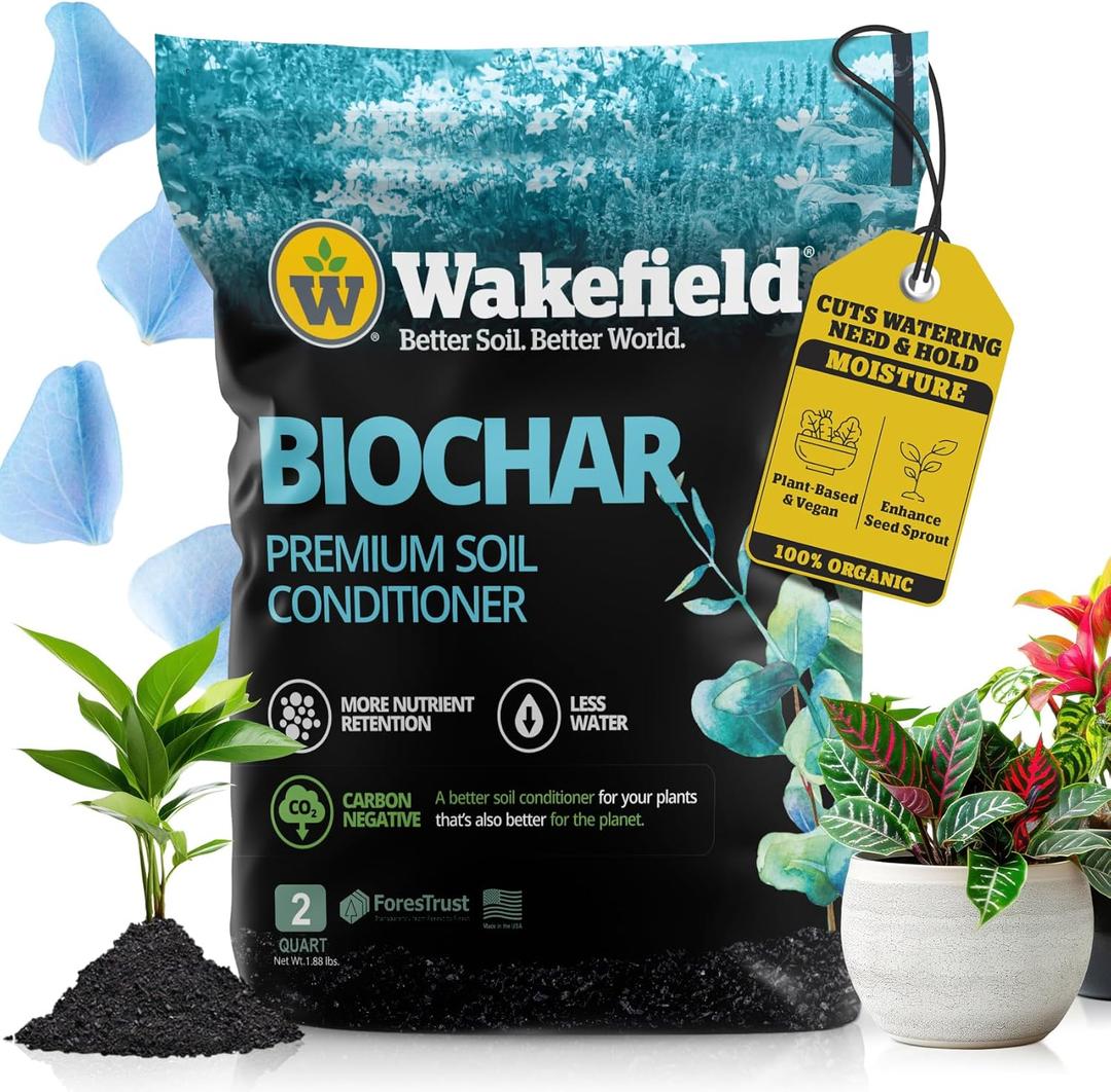Wakefield Premium Organic Biochar Soil Amendment & Soil Conditioner Certified Carbon-Negative Nutrient-Locking, Water-Efficient Bio Char for Plants & Lawns - Soil Amendments for Lawn - 2 Quart