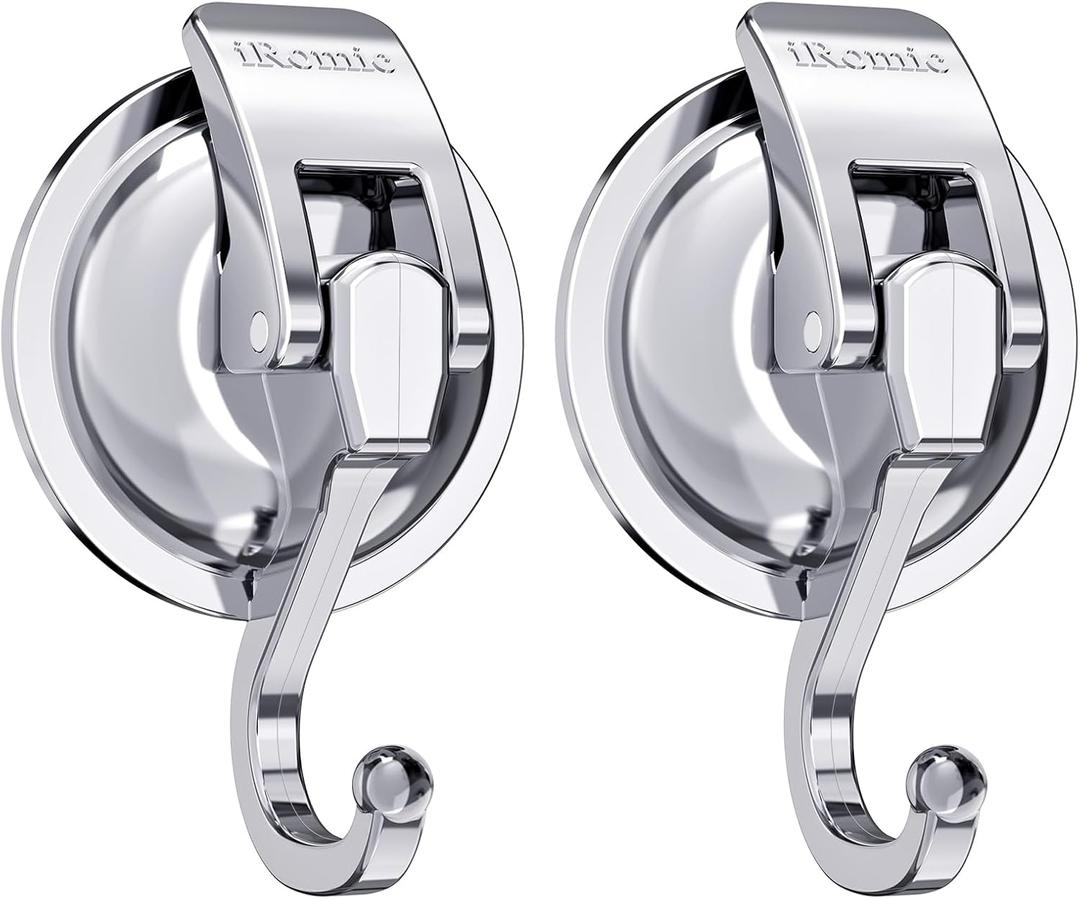 Heavy Duty Vacuum Suction Cup Hooks (2Pack) Specialized for Kitchen&Bathroom&Restroom Organization, by iRomic (Silver)