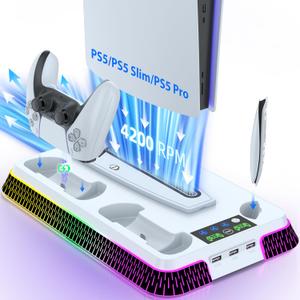 Cooling Station and Console Stand for PS5/Pro/Slim, Dual Controller Charging Station with Ambient RGB Lighting for PlayStation 5, PS5 Stand Controller Charger for Disc & Digital with Cooling Fan