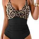 B2prity Women's One Piece Swimsuits Tummy Control Front Cross Bathing Suits Tie Back Slimming V Neck Swimwear (Medium, Leopard Print Black)