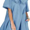 Wenrine Womens Summer Denim Mini Dress Oversized Peter Pan Collar Short Sleeve Casual Flowy Babydoll Jean Dresses (Medium, Blue)