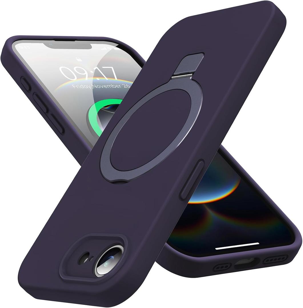 Mag-Ring Designed for iPhone 16E Case, Liquid Silicone [Moisturizing Factor] Extreme Soft Slim Phone Case with Stand [Compatible with MagSafe] for 16E 6.1 inch Men Women (Deep Purple)
