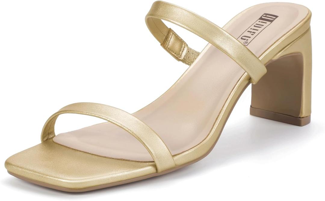 IDIFU IN3 Chunky Heels For Women Low Block Square Open Toe Heels Two Strap Slip On Comfortable Slides Heeled Sandals Sexy Wedding Prom Party Dress Shoes Cute Mule Short Heels (9, Gold Pu)