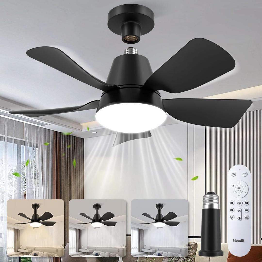 Socket Ceiling Fan with Lights and Remote, 3 Colors Dimmable 3000K-6500K, 6 Speed Whisper Quiet, Easy Install E26/E27 Based Light Bulb Fan for Bedroom Living Room Kitchen Garage (Black)