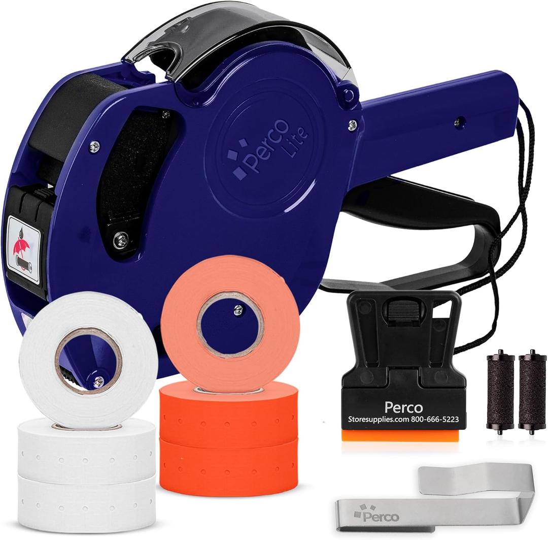 Perco Lite 1 Line Price Gun with Labels Kit - Includes 3 White Rolls, 1 Gun Clip, 3 Fluorescent Red Rolls, 2 Ink Rollers, 1 Ink roll and Labels Pre-Loaded