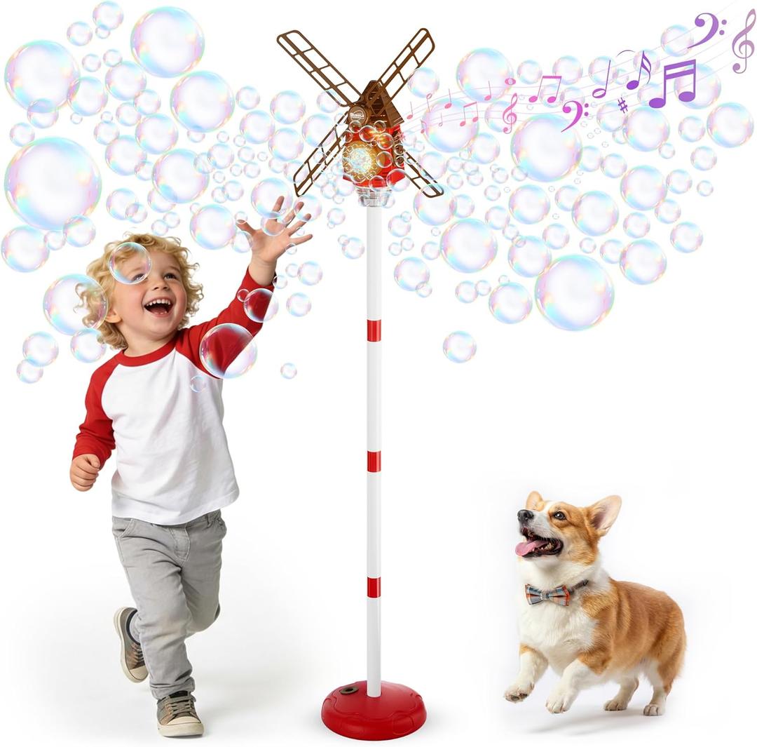 Belemar Windmill Bubble Machine Toys for Kids & Boys, Standing Bubble Blower with Lights & Music, 51" Adjustable Height, 130ml Tank, Bubble Solution Included, Outdoor Toy for Parties & Birthdays