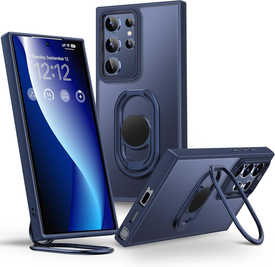 Shields Up for Samsung Galaxy S24 Ultra Case with Stand, Galaxy S24 Ultra Case with Double Ring Holder [Adjustable & Foldable] Protective Translucent Matte Cover for Samsung S24 Ultra - Frosted Blue