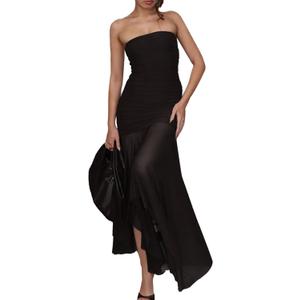 Women's Sexy Strapless Mesh Maxi Dress Tube Top Midi Dresses Wedding Guest Party Cocktail (Black, L)