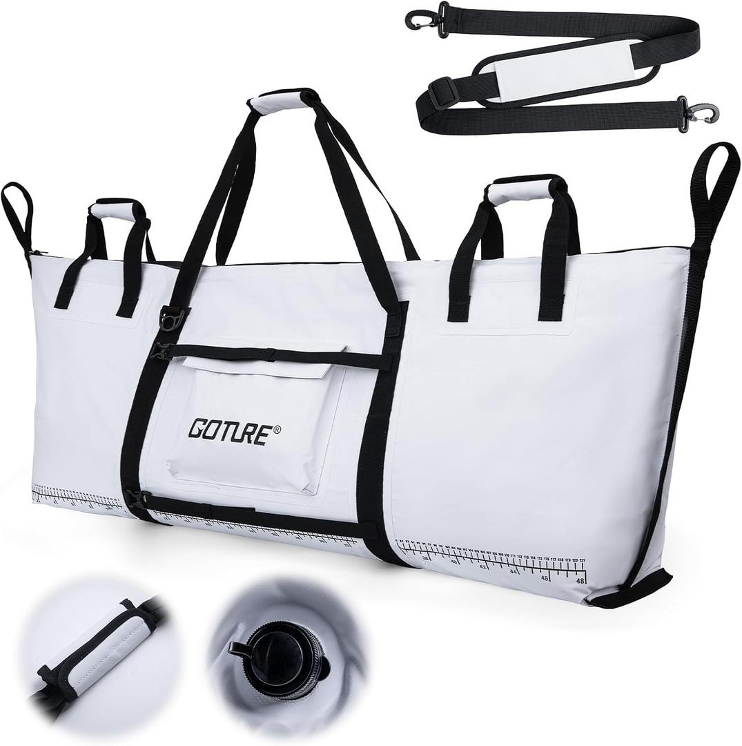 Goture Insulated Fish Cooler Bag, 500D PVC Leakproof Fishing Kill Bag, Portable Waterproof Fish Bags with Carry Handle and Strap, Large Fishing Cooler Bags with Drain Plug, 59.84x 20.08x 9.06