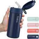 10oz Small Insulated Water Bottle with One-Touch Soft Straw Lid, Double-Wall Vacuum Small Travel Water Bottle for Cold&Hot DrinksLeak-Proof, Mini Flask for Handbag,Sport(Navy Blue)