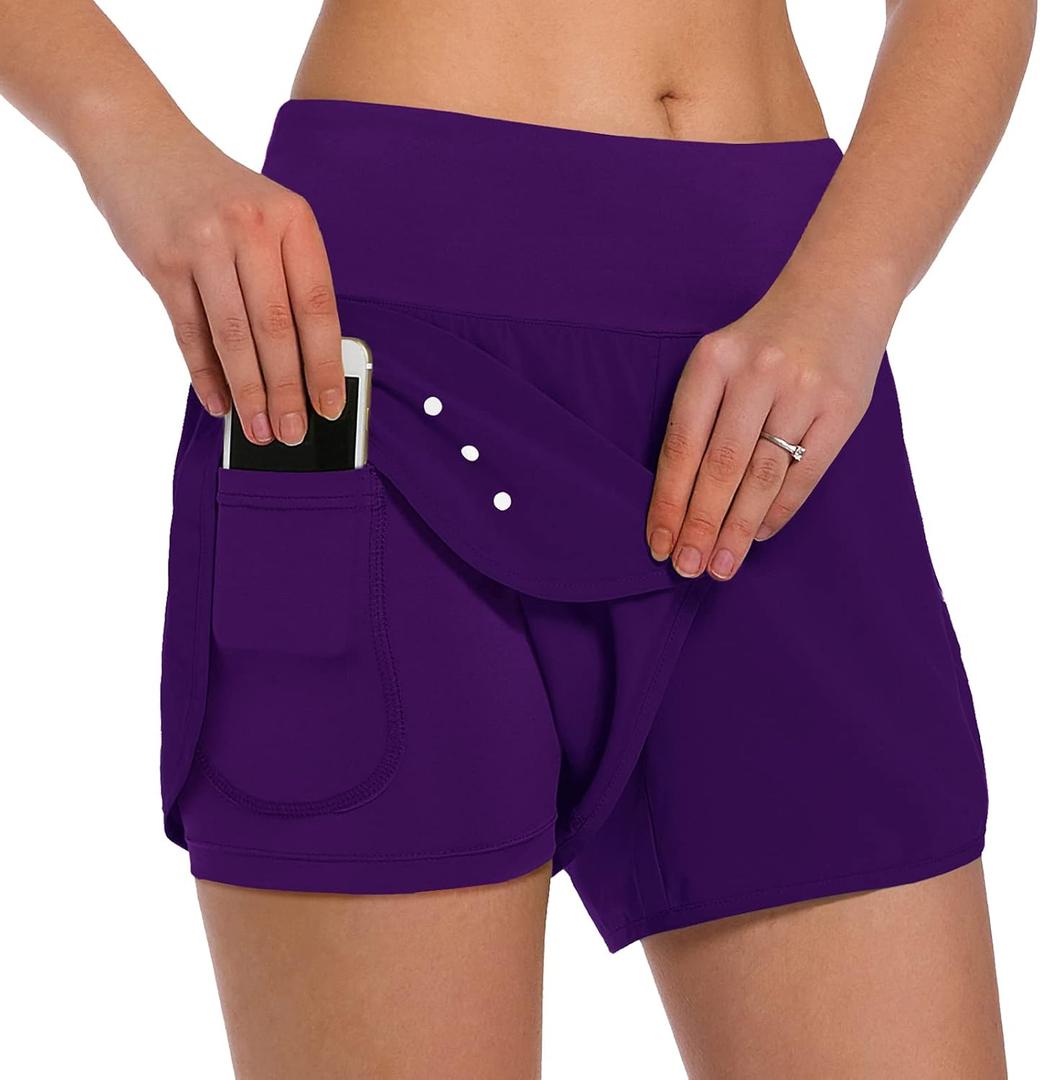 Ksmien Women's 2 in 1 Running Shorts - Lightweight Athletic Workout Gym Yoga Shorts Liner with Phone Pockets (Purple, L)