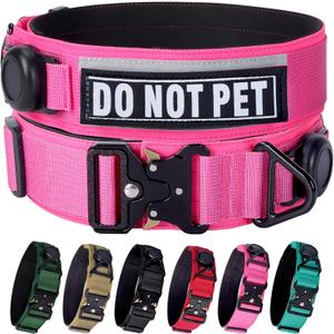 AirTag Dog Collar, 2" Wide Tactical Military Dog Collar with AirTag Holder & 3 Pet Patches, Soft Padded Reflective Waterproof Nylon Collar with Metal Buckle for Large Dogs (Hot Pink, L) (Neck Girth: 17.7-24.4)