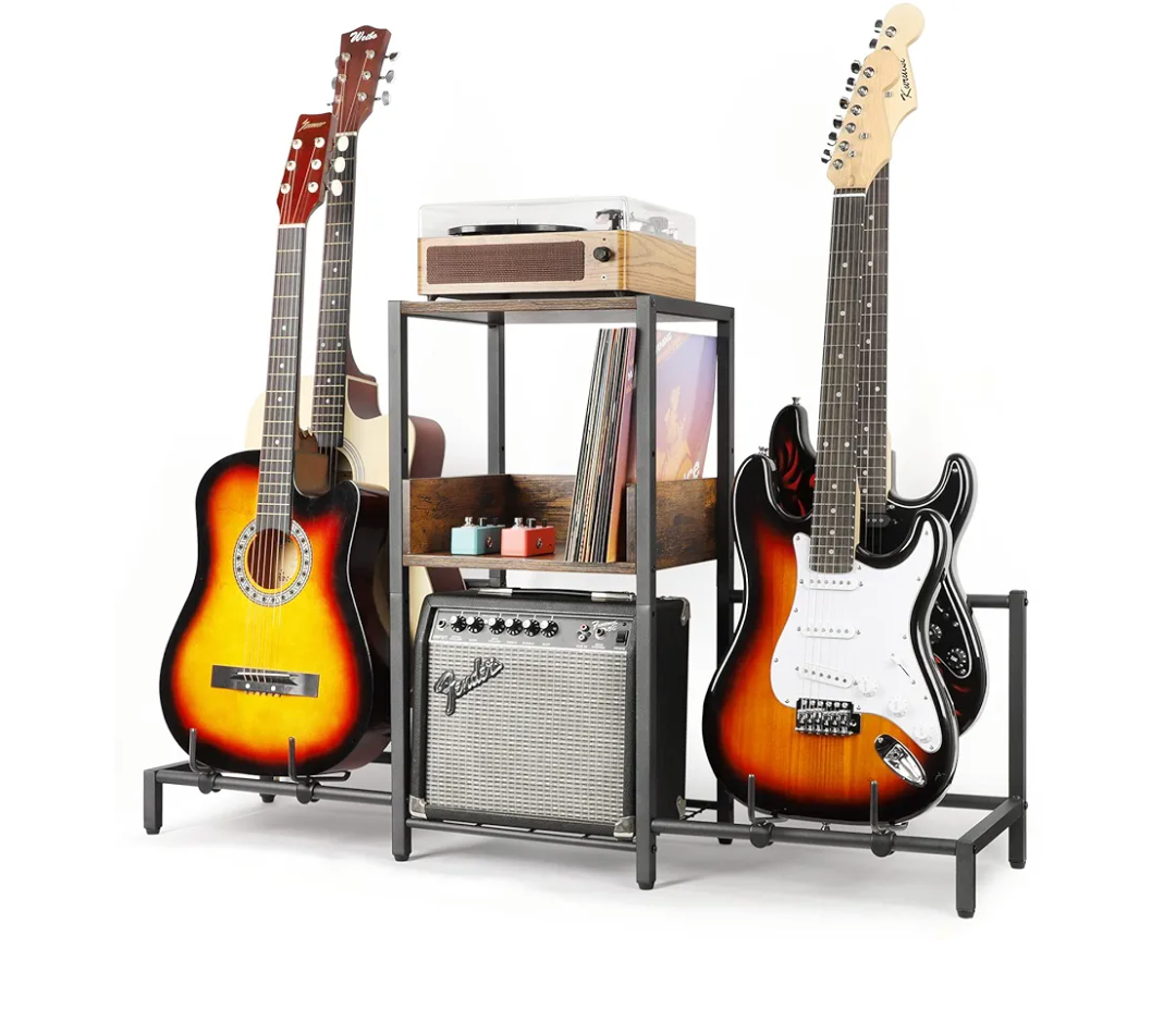MOSAMNI Record Player Stand, Guitar Stand Rack Multiple Guitars 4-5 Multi Guitar Holder with 3-Tier Storage Shelf for Acoustic, Electric Guitar, Bass, Guitar Amp Accessories, Music Studio (Patent)