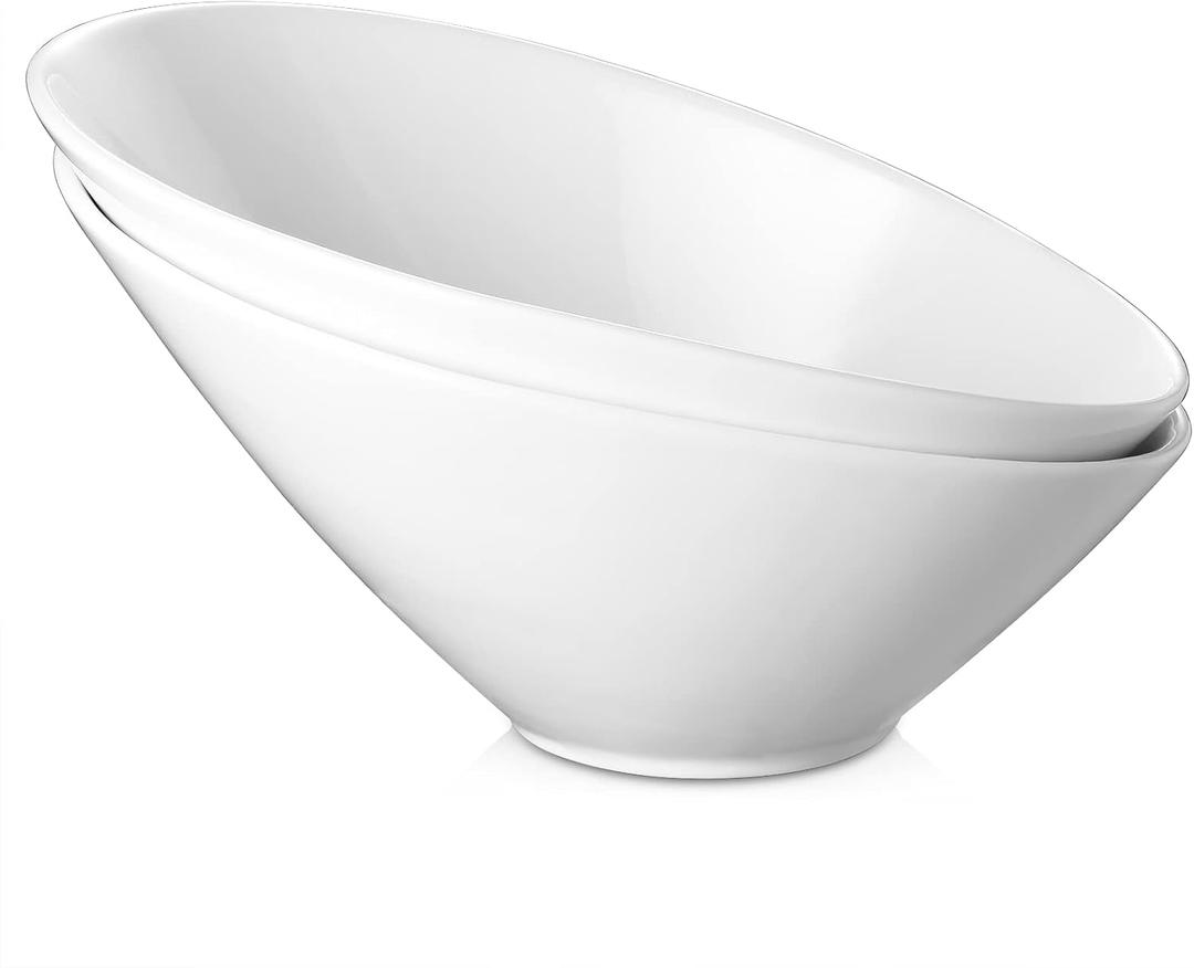 DOWAN 23 OZ Slanted Salad Bowls of 2 Packs - 9.5" Angled Serving Bowls for Salad, Pasta, Fruit, Sauce - Ceramic White Bowls for Restaurant, Daily Use - Dishwasher & Microwave Safe