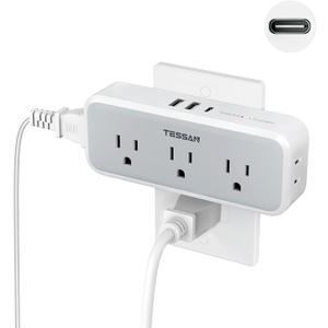 Multi Plug Outlet Extender, USB C Wall Charger, TESSAN Wall Plug Splitter with 5 Outlets and 3 USB, Electrical Power Expander with Surge Protector Spaced for Home Office Dorm Room (Gray)