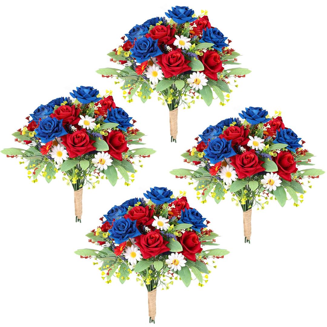 EYNDYN 12 Bundles 4th of July Artificial Rose Patriotic Faux Fake Red White Blue Flowers Bouquet with Ribbon for Independence Day Memorial Day Farmhouse Table Centerpiece Floral Vase Home