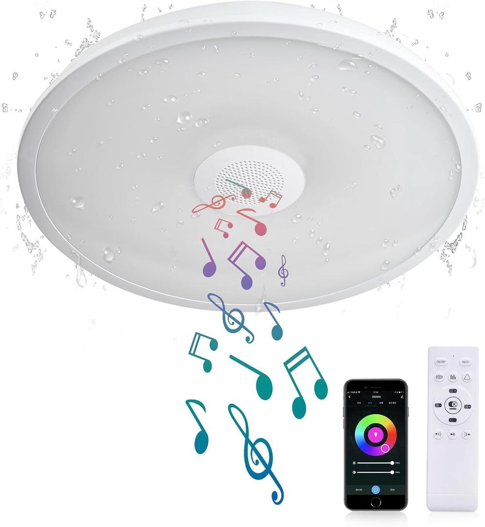 Smart Waterproof LED Flush Mount Ceiling Light Fixture,11 inch 18W,with Bluetooth Speaker,RGB Color Changing Function- Dimmable Lamp,Tuya Application Control-Compatible with Alexa Google Home