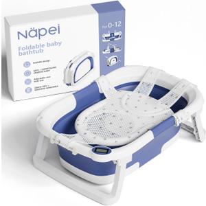 Collapsible Baby Bathtub,Baby Bath Tub with Soft Cushion & Thermometer,Baby Bathtub Newborn to Toddler 0-36 Months,Portable Travel Baby Tub (Blue)