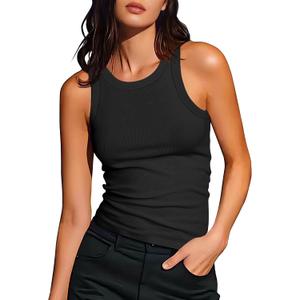 Artfish Women's Sleeveless Full Length Ribbed Fitted Racerback Workout Crew High Neck Basic Tank Top (X-Large, Black)