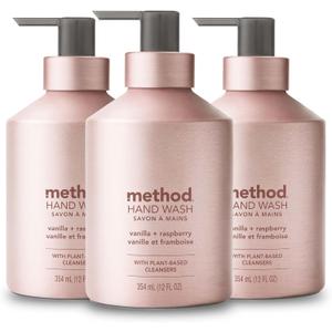 Method Gel Hand Soap, Vanilla + Raspberry, Reusable Pink Aluminum Bottle, 12 oz (Pack of 3)