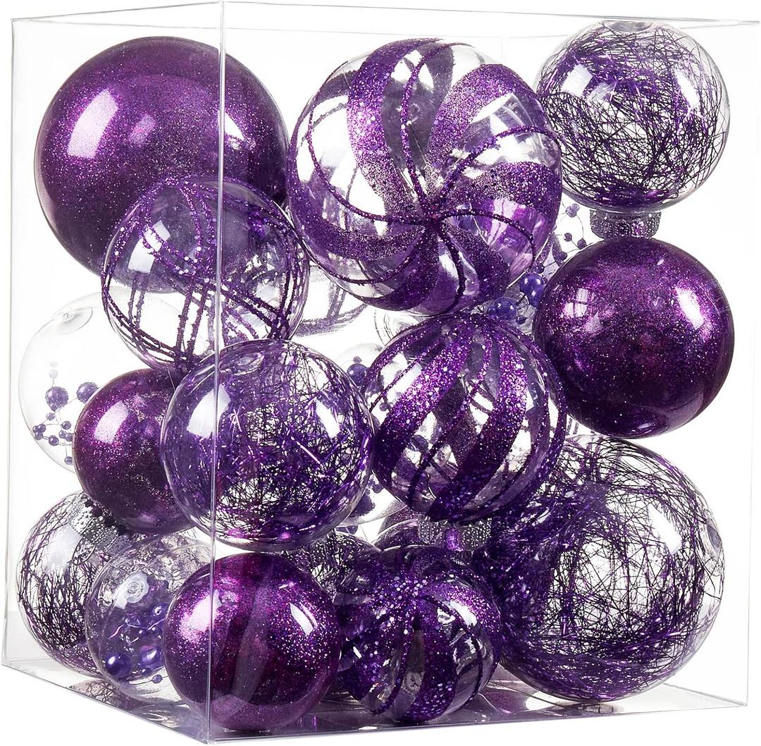 Clear Christmas Ball Ornaments,24ct Shatterproof Plastic Decorative Christmas Ornaments Hanging Xmas Tree Baubles Set with Stuffed Delicate Glittering Decorations for Holiday Party Home Decor(Purple) (Multi-Size/24-Pack)
