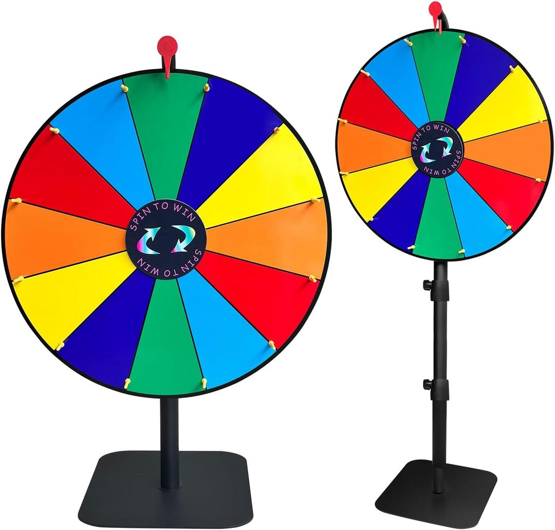 24 Inch Heavy Duty Spinning Prize, Adjustable 34"-61" Height Spinning Wheel for Prizes, 12 Slots & Dry Erase Marker & Eraser for Carnival, Wheel of Fortune Game Carnival & Engaging Home Parties, Tradeshow
