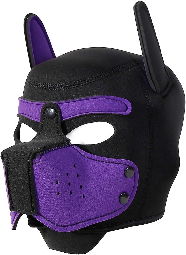 Neoprene Puppy Face Muzzle Dog Removable Full Head Hood Mask With Ears (Purple, One Size)