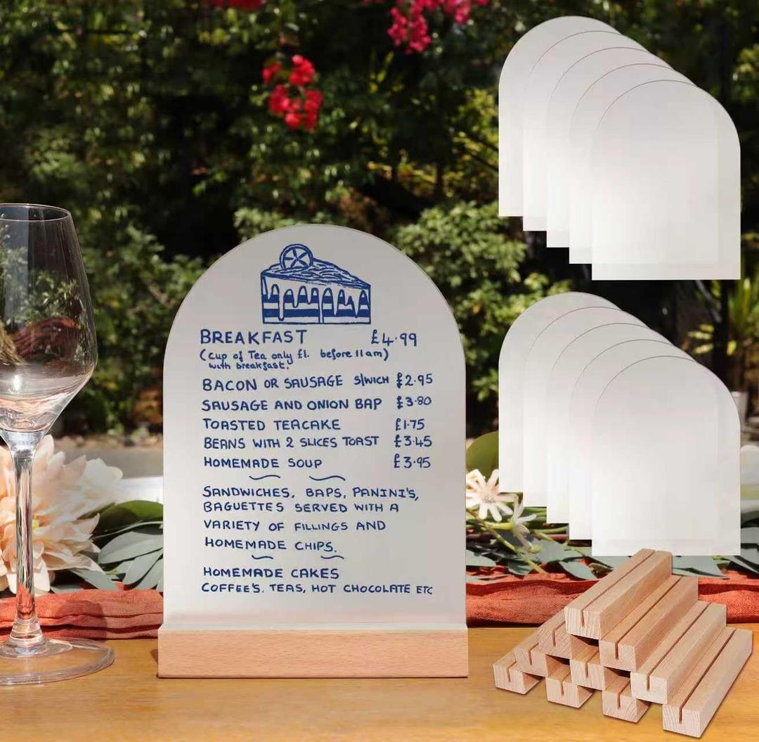 Frosted Blank Arch Acrylic Sign with Wooden Stands  10 Pack DIY Customizable Sign Kit for Wedding Table Numbers, Restaurant Party Bridal Shower (4x6 Inch)