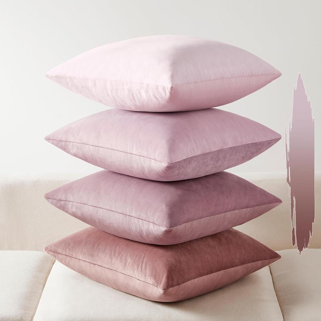 Softalker Throw Pillow Covers Set of 4, Velvet Soft Solid Colors Pillow Covers 18x18 Inch, Decorative Cushion Pillow Case for Couch Sofa Bedroom Living Room(Light Pink)