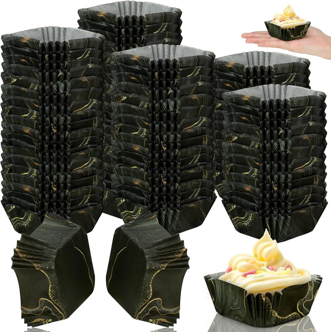 Tanlade 350 Pcs Square Mini Cupcake Liners Disposable Brownie Baking Pan Liners 1.77 Inch Paper Baking Cup for Cup and Cupcakes Party Supplies for Weddings Birthdays Bridal Showers, Black Marble