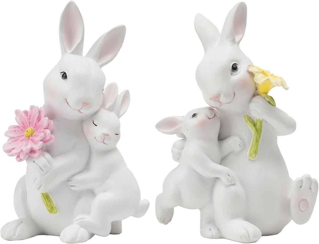 Braxio Easter Bunny Family Figurine Decoration - Bunny Collectible Figurines for Easter Decoration/Spring/Wedding Set of 2
