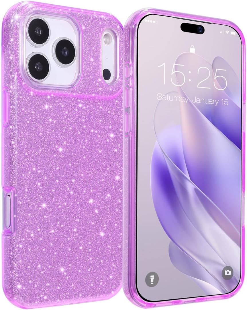 MILPROX Compatible for iPhone 17 Pro Glitter Case 6.3 inch, Stylish Luxury Shiny Sparkle Bling Sparkly Rubber Gel Shell Case Design for Women Girls, Girly Fashion Chic 3 Layers Bumper Cover - Purple