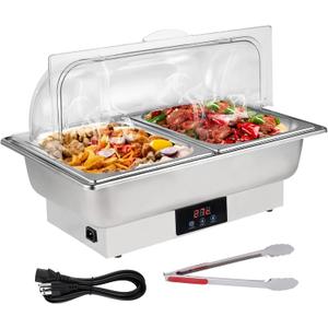 Roll Top Chef Chafing Dish Buffet Set 2 Pan Food Warmer Buffet Servers and Warmers Digital Display Temperature Warming Tray Bain Marie Food Warmer for Parties Commercial Food Steam Table