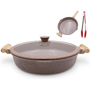 AIKENBBKK Ceramic Frying Pan with Lid, 14 Inch Saute Pan, Non Stick Frying Pans, 2-In-1 Large Cooking Pan, Nonstick Skillet, Compatible with All Stoves, PTFE & PFOA Free, Brown