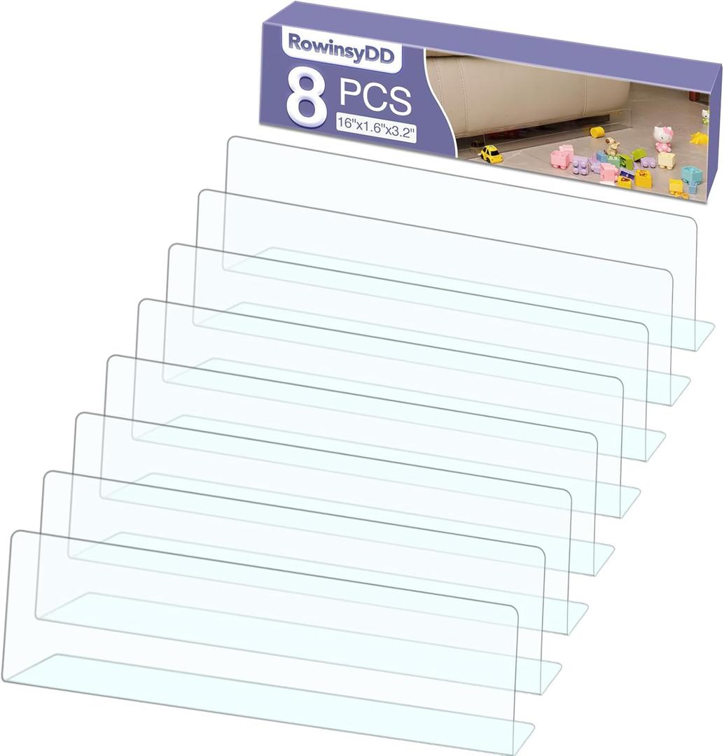 RowinsyDD 8 Pack Toy Blocker for Furniture, Clear Under Couch Blocker, Stop Things Going Under Sofa or Bed, 16" L x 3.2" H, Adjustable Gap Bumper for Furniture with Strong Tape