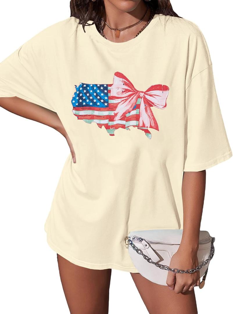 4th of July Shirts Women Patriotic Shirt Oversized American Flag Bow Tshirt Independence Day Short Sleeve Tee Tops, XXL