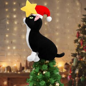 Shappy Christmas Tree Topper Decoration Black Cat Christmas Tree Topper with Star Plush Stuffed Christmas Tree Ornament Cat with Santa Hat Xmas Decoration for Cat Lovers Gift Ideas
