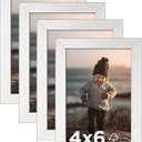 KINLINK 4x6 Picture Frame Silver Set of 4, Wooden Photo Frames with Plexiglass for 4x6 without Mat for Table and Wall Display